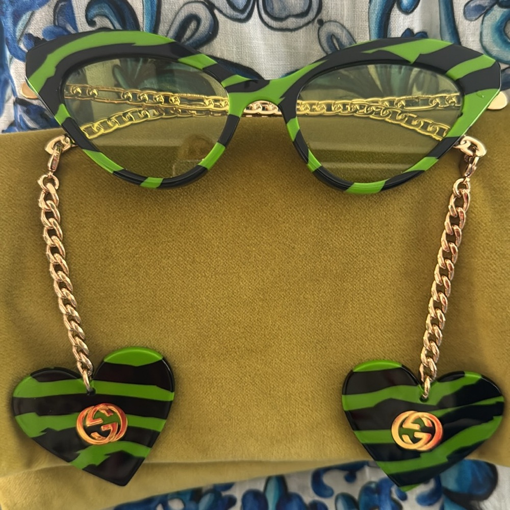 GUCCI Zebra-print cat-eye sunglasses and clips worn once GREEN & Black & Gold - Picture 2 of 10